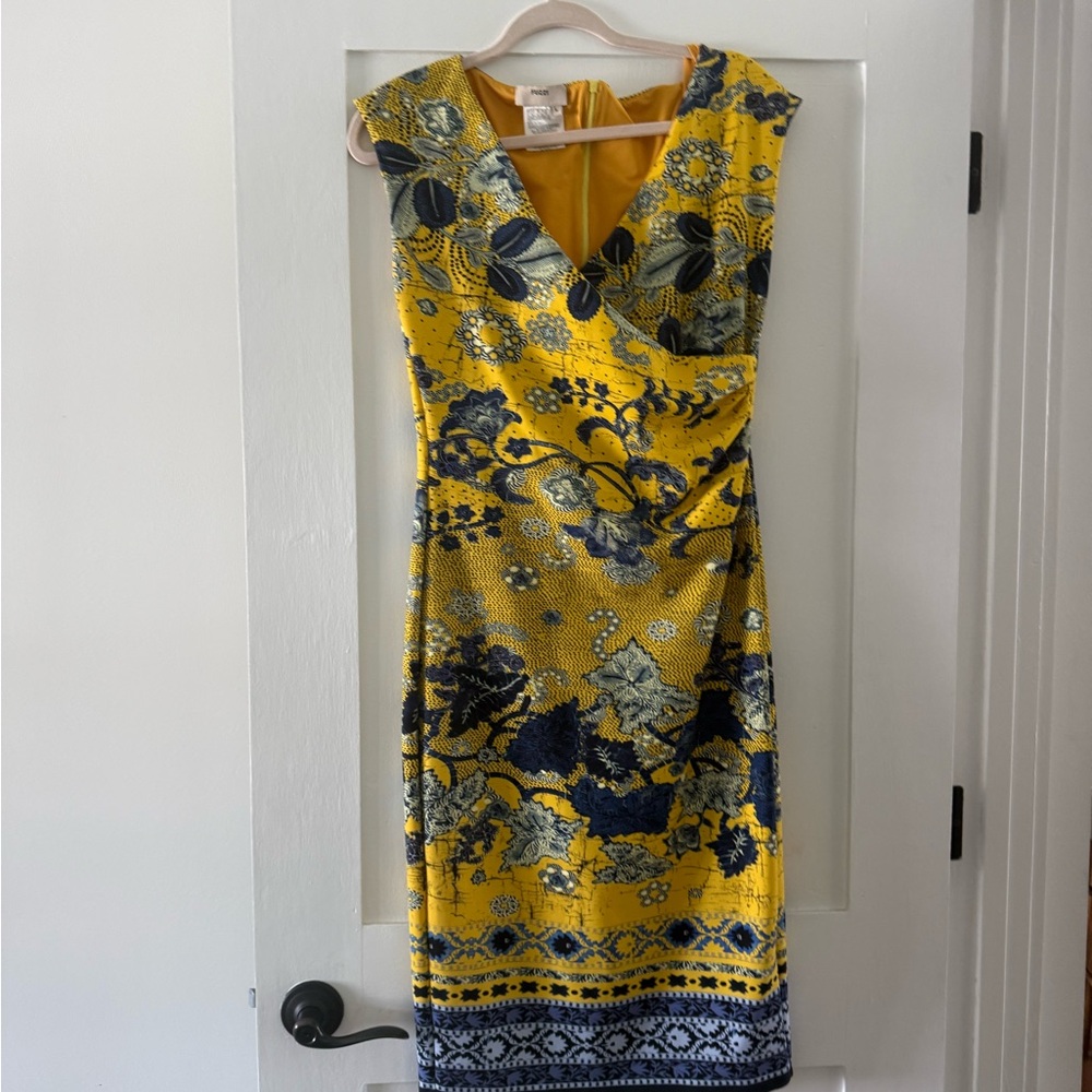 Yellow Floral Sheath Dress with Navy Accents